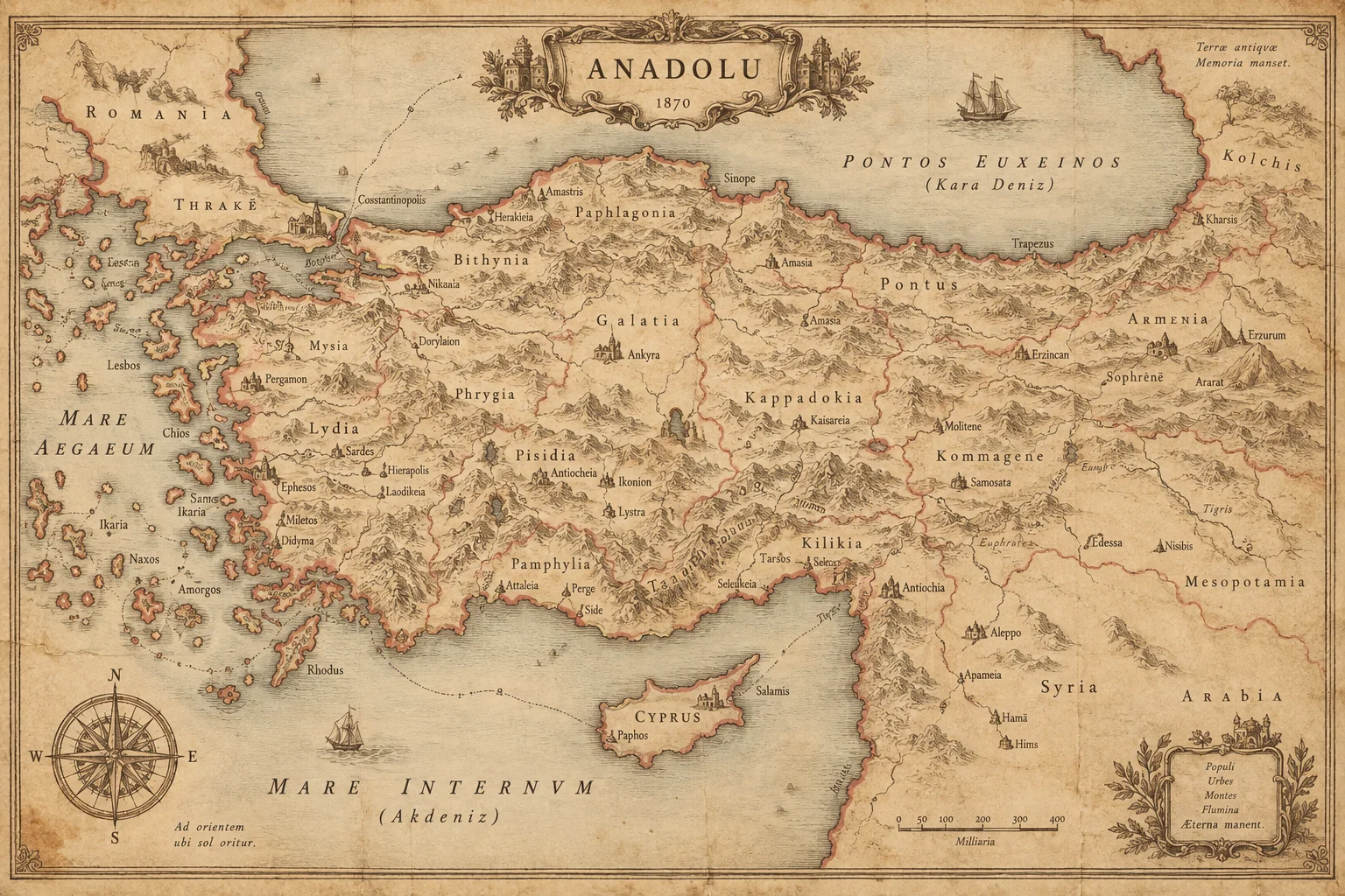 Anadolu, Karadeniz ve Doğu Akdeniz’i gösteren sepya tonlu temsili el çizimi harita